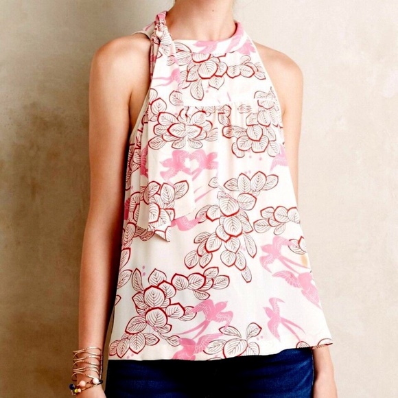 Maeve Anthropologie Elata Pink Bird Floral Leaf Print Sleeveless Blouse - size 0 - Picture 1 of 5